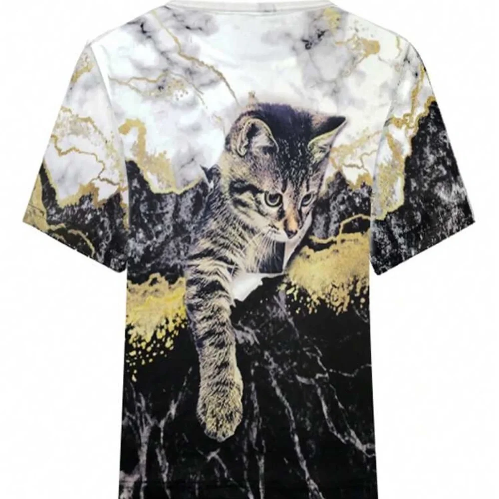 Cat Pocket Print Pet Tee - Gray and Gold